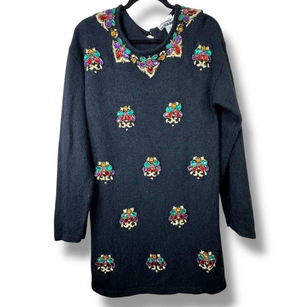 Vintage Marnie West VTG 90s Silk Rhinestone Sequin Floral Angora Tunic Sweater